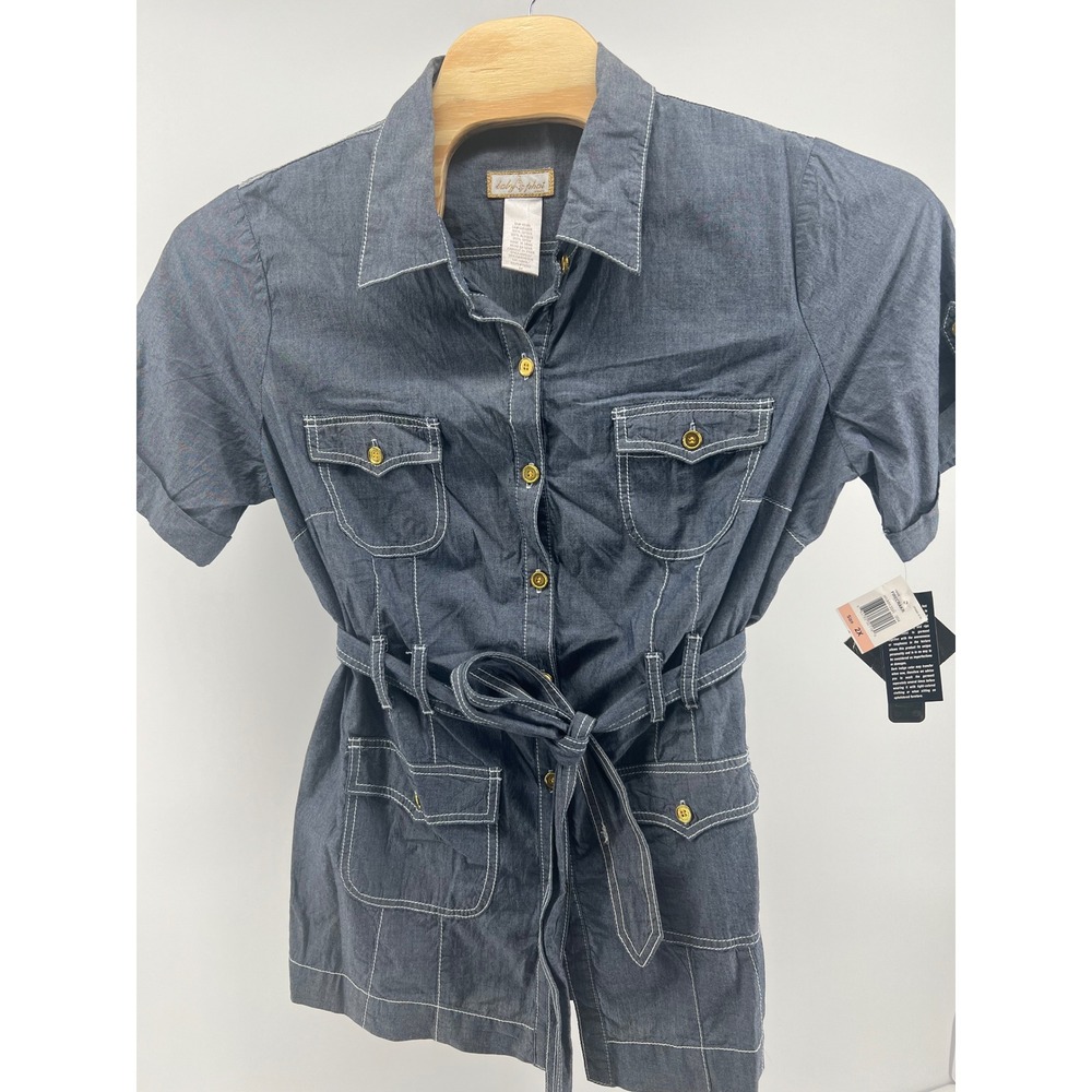 Baby Phat Women's Denim Shirt Dress Belted Gold Buttons White Stitching Size 2X